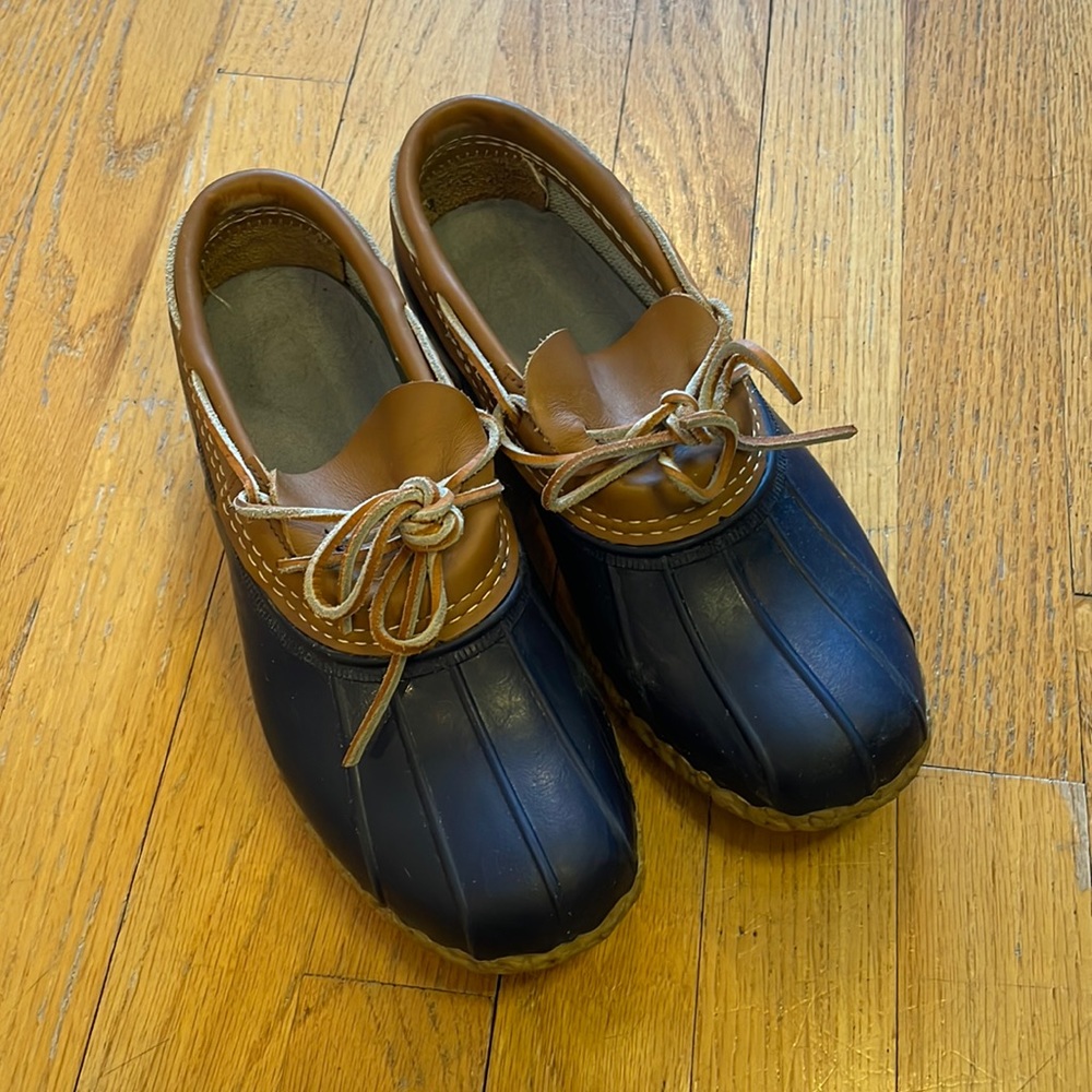 L.L.Bean Rubber Moccasins, 7, Women’s, Tan/Navy